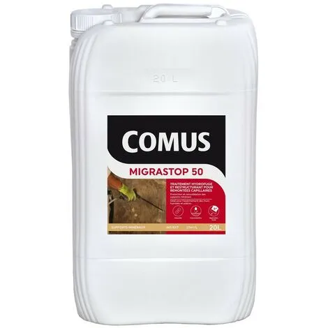 Hydrofuge Minéral MIGRASTOP® 50 - 20L - Traitement Hydrofuge Pour Remontées Capillaires, Murs Humides, Pierres Calcaires - COMUS - Incolore