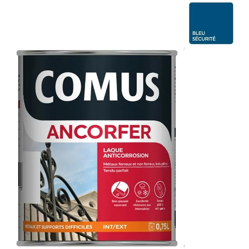 ANCORFER BRILLANT 0.75L Bleu Sécurité - Peinture-laque Antirouille Pour Métaux Et Autres Supports - COMUS - Bleu Sécurité