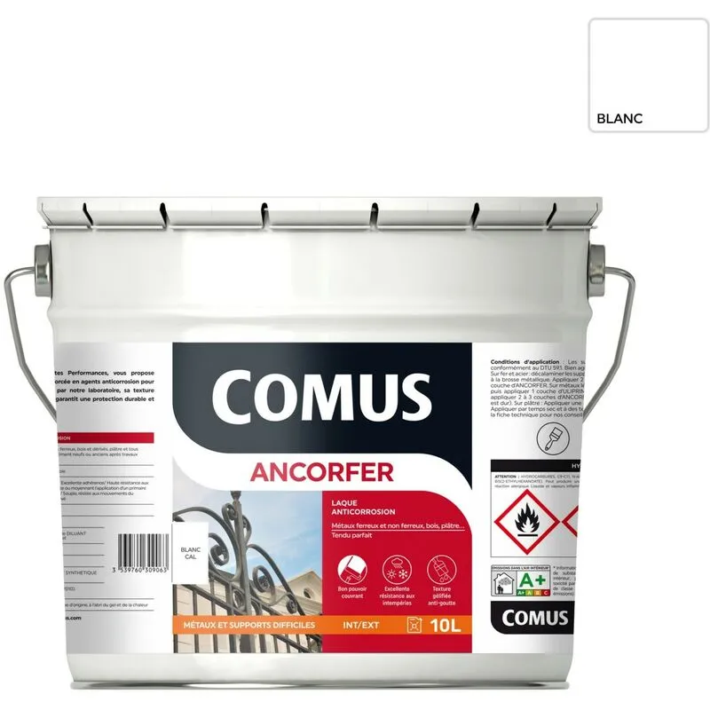 ANCORFER BRILLANT 10L Blanc Sécurité - Peinture-laque Antirouille Pour Métaux Et Autres Supports - COMUS - Blanc Sécurité