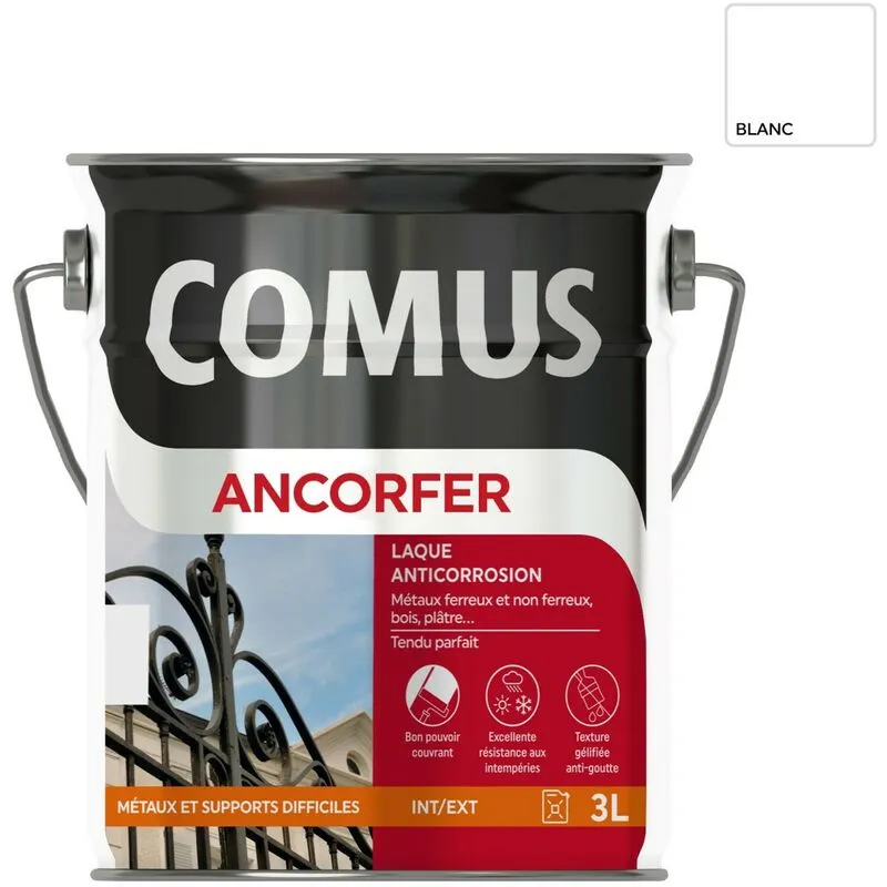 ANCORFER BRILLANT 3L Blanc Sécurité - Peinture-laque Antirouille Pour Métaux Et Autres Supports - COMUS - Blanc Sécurité