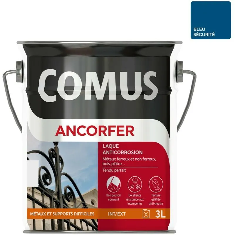 ANCORFER BRILLANT 3L Bleu Sécurité - Peinture-laque Antirouille Pour Métaux Et Autres Supports - COMUS - Bleu Sécurité