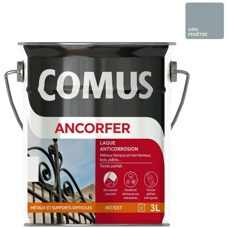 ANCORFER BRILLANT 3L Gris Fenêtre - Peinture-laque Antirouille Pour Métaux Et Autres Supports - COMUS - Gris Fenêtre