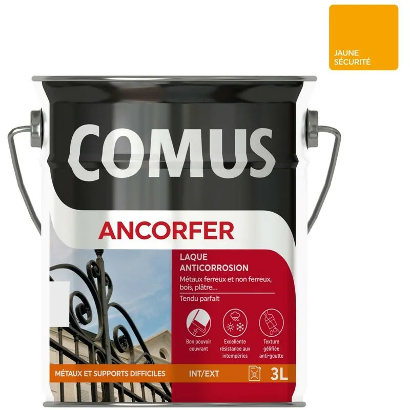ANCORFER BRILLANT 3L Jaune Sécurité - Peinture-laque Antirouille Pour Métaux Et Autres Supports - COMUS - Jaune Sécurité