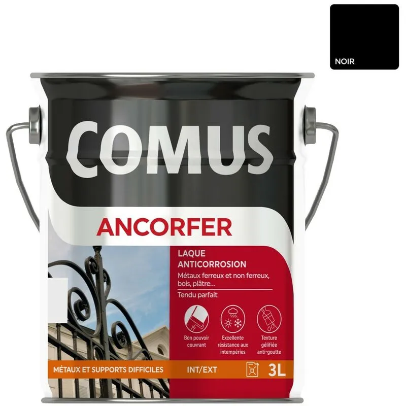 ANCORFER BRILLANT 3L Noir - Peinture-laque Antirouille Pour Métaux Et Autres Supports - COMUS - Noir