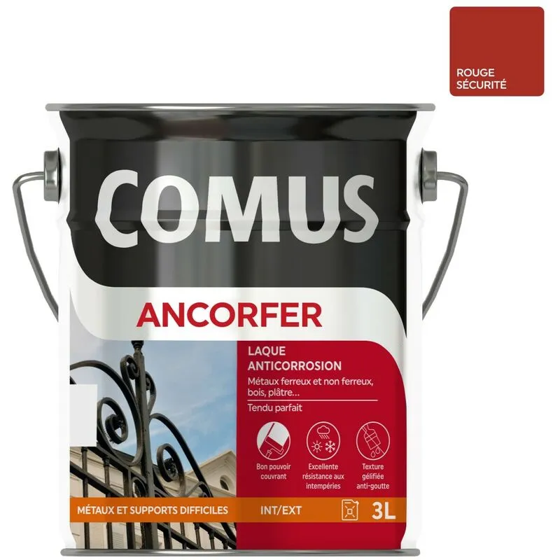 ANCORFER BRILLANT 3L Rouge Sécurité - Peinture-laque Antirouille Pour Métaux Et Autres Supports - COMUS - Rouge Sécurité