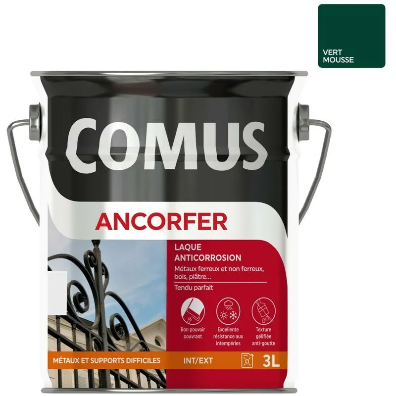 ANCORFER BRILLANT 3L Vert Mousse - Peinture-laque Antirouille Pour Métaux Et Autres Supports - COMUS - Vert Mousse