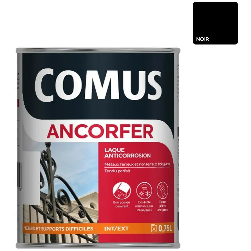 ANCORFER MAT/SOIE 0.75L Noir Ferronerie - Peinture-laque Antirouille Pour Métaux Et Autres Supports - COMUS - Noir Ferronerie