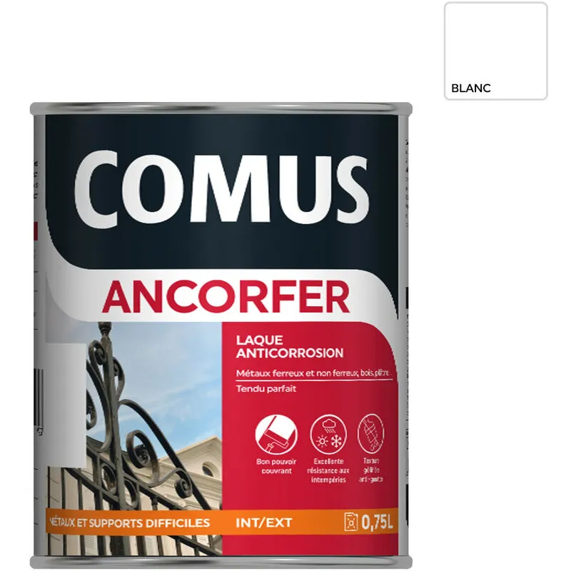 ANCORFER SATIN 0.75L Blanc Sécurité - Peinture-laque Antirouille Pour Métaux Et Autres Supports - COMUS - Blanc Sécurité
