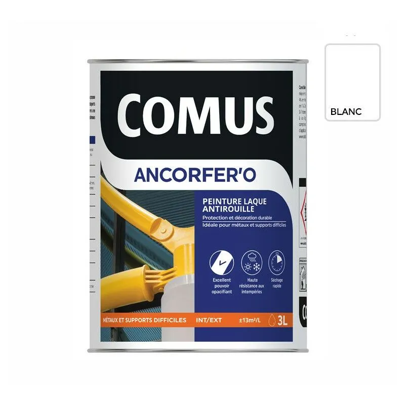ANCORFER'O 3L Blanc - Peinture-laque De Finition Antirouille En Phase Aqueuse Pour Métaux Et Autres Supports - COMUS - Blanc
