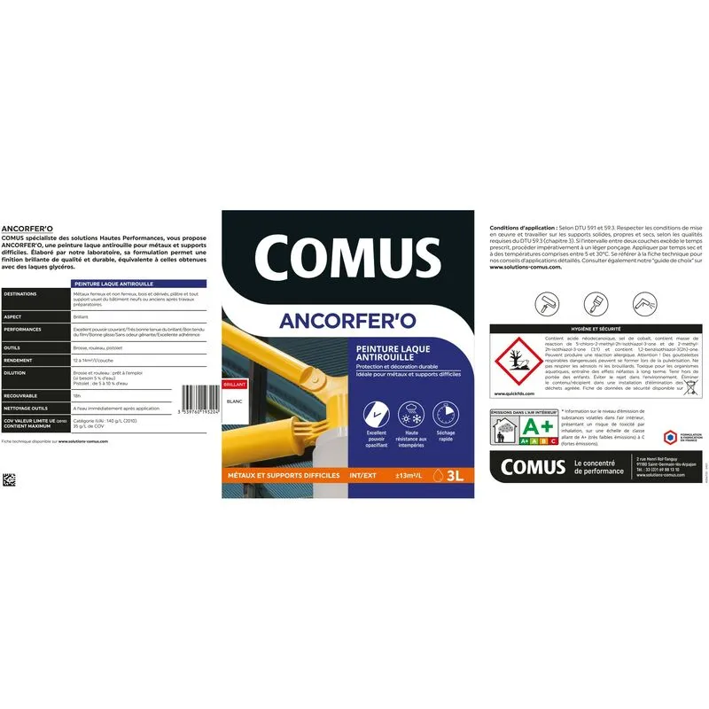 ANCORFER'O 3L Jaune Sécurité - Peinture-laque De Finition Antirouille En Phase Aqueuse Pour Métaux Et Autres Supports - COMUS - Jaune Sécurité – Image 2