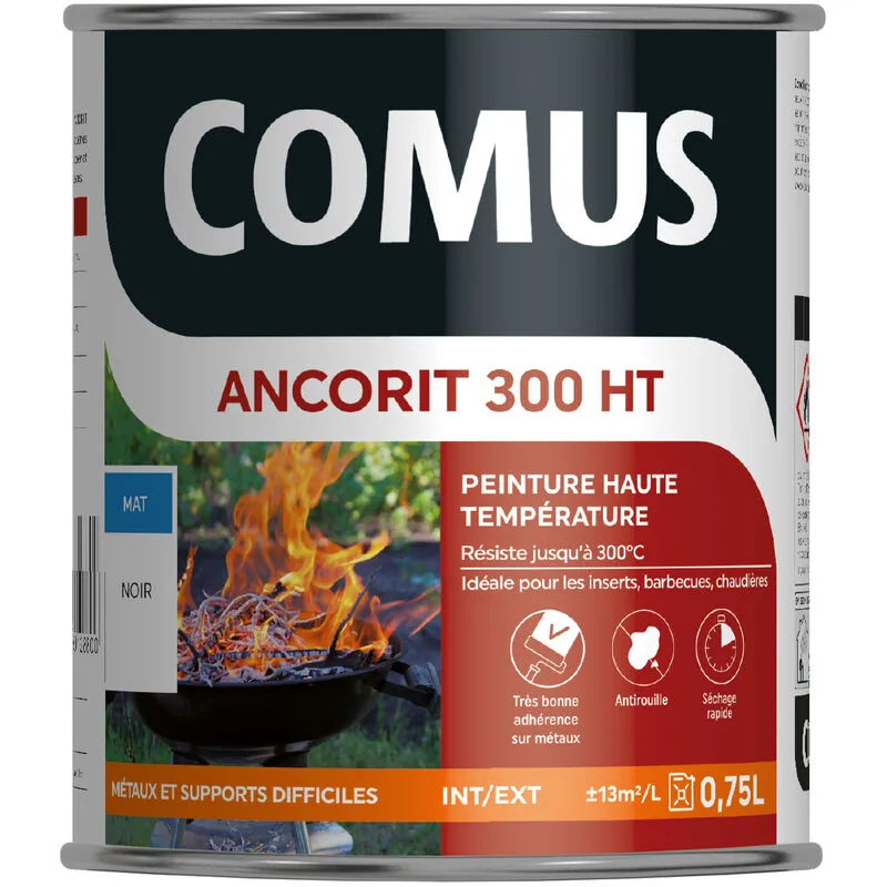 ANCORIT 300 HT NOIR 0.75L - Peinture Antirouille Pour Métaux Soumis à Des Hautes Températures Résistante Jusqu'à 300°C - COMUS - Noir