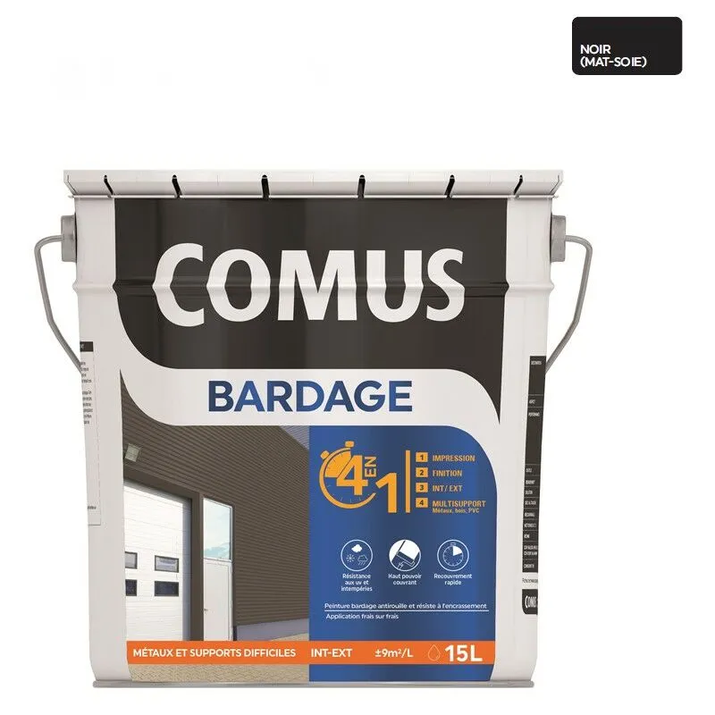 COMUS BARDAGE MAT-SOIE NOIR 15L Peinture 4 En 1 Pour Rénovation De Bardage (primaire Et Finition) - Noir