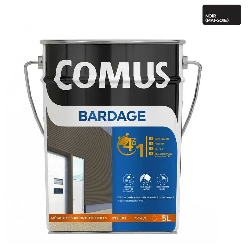 COMUS BARDAGE MAT-SOIE NOIR 5L Peinture 4 En 1 Pour Rénovation De Bardage (primaire Et Finition) - Noir