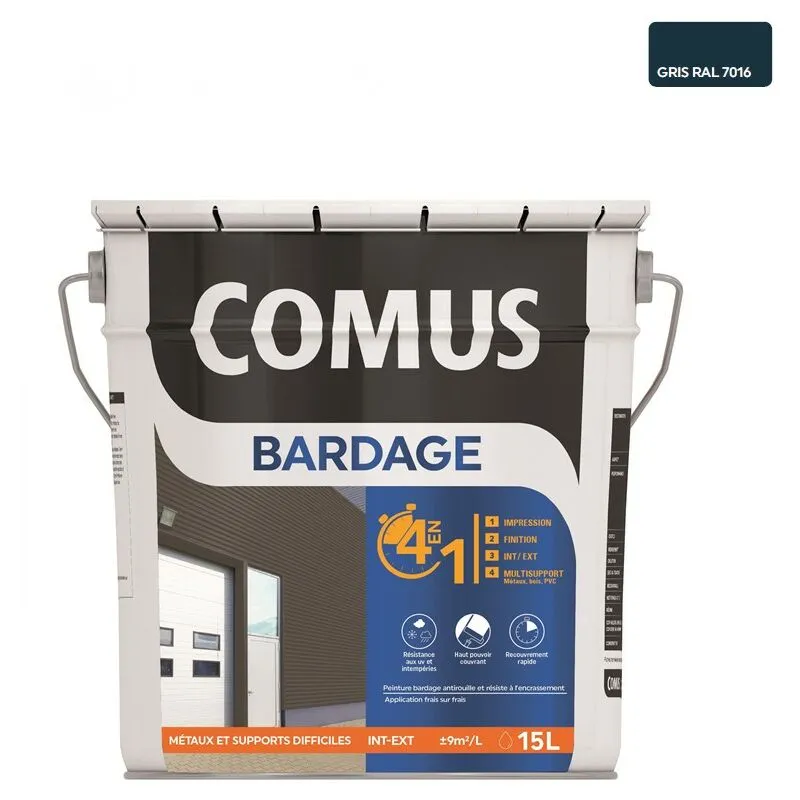 COMUS BARDAGE VELOURS RAL 7016 15L Peinture 4 En 1 Pour Rénovation De Bardage (primaire Et Finition) - Gris