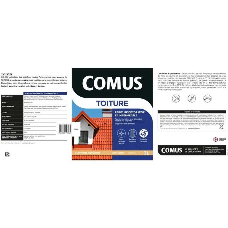 COMUS TOITURE - Gris Ardoise 3L - Peinture Décorative Imperméable Pour La Rénovation Des Toitures - COMUS - Gris Ardoise – Image 2