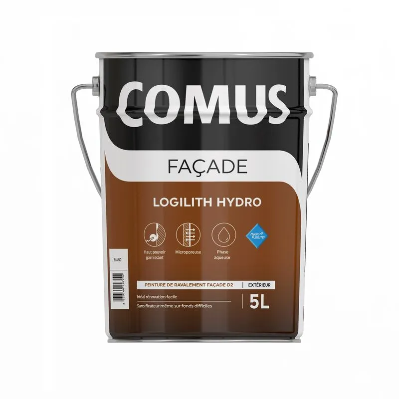 COMUS LOGILITH HYDRO - 5L Blanc - Peinture Façade Classe D2. Phase Aqueuse Pour Un Aspect Mat . Sans Fixateur - Blanc